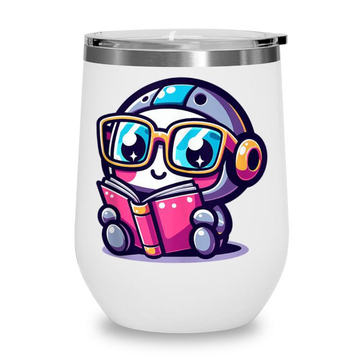 Adorable Book Lover Robot With Reading Glasses Cute Wine Tumbler