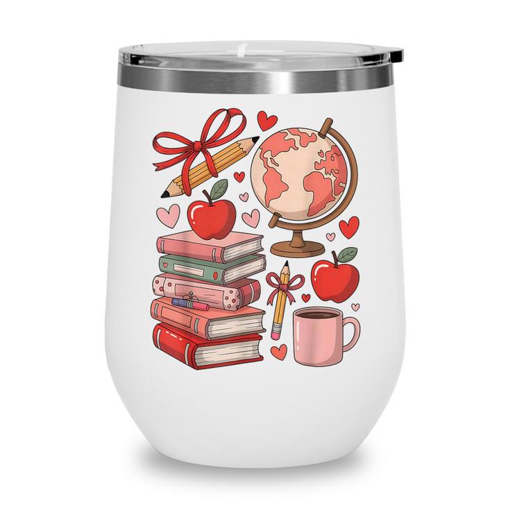Coquette Teacher School Supplies Bows Books Globe Apple Cute Wine Tumbler