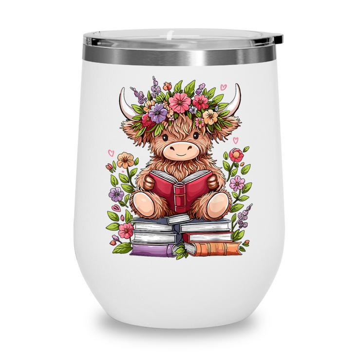 Cute Baby Highland Cow With Reading Book Bookworm Wine Tumbler