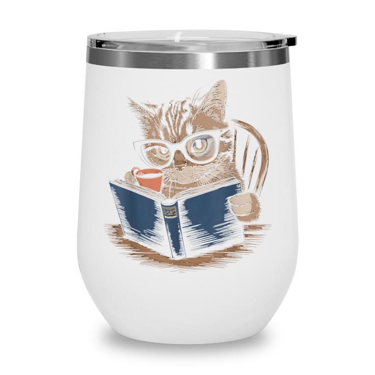 Cute Cat Reading Books With Tea Wine Tumbler