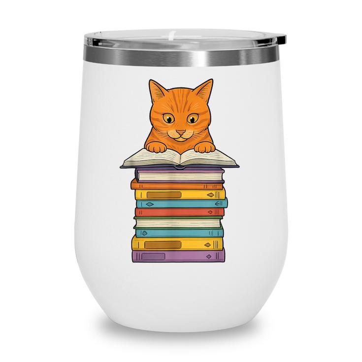 Cute Orange Tabby Cat Reading On Pile Of Books Wine Tumbler