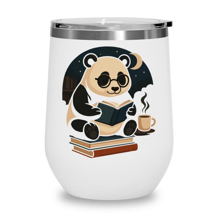 Cute Panda Reading Book Under Moon Bookworm Coffee Lover Wine Tumbler