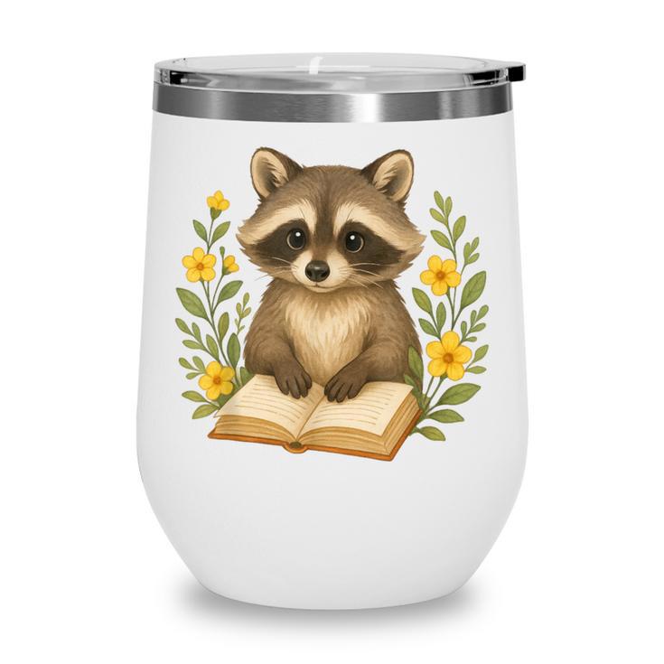 Cute Raccoon Reading Book Flowers Floral Wine Tumbler Cute Raccoon Reading Book Flowers Floral Wine Tumbler