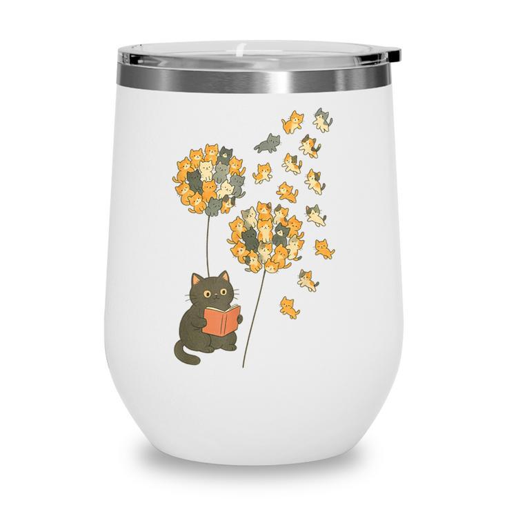 Cute Reading Cat With Kitten Dandelion Flowers Book Lover Wine Tumbler