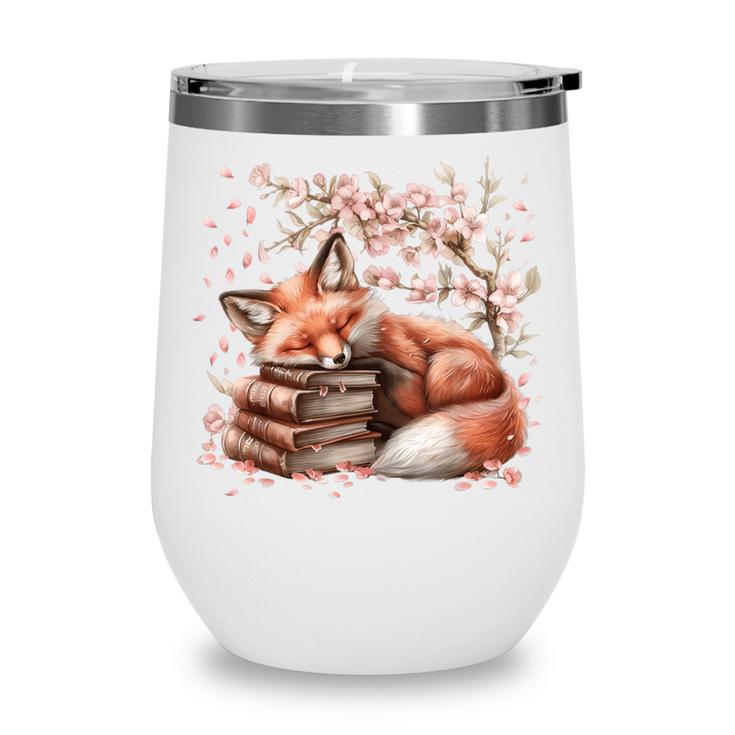 Fox And Book Lover Graphic For Women And Spring Pink Flower Wine Tumbler