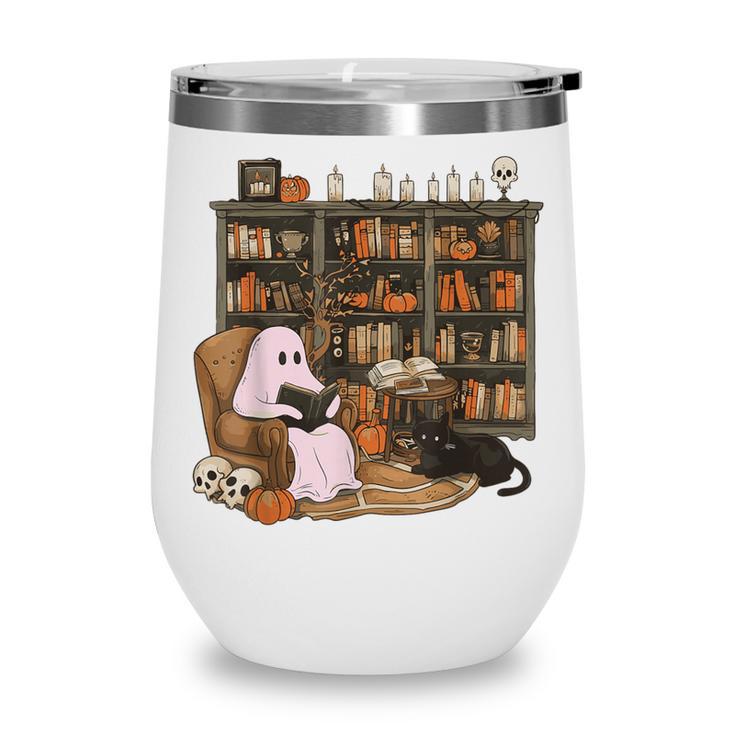 Ghost Reading Book Cat Lover Halloween Reading Enthusiast Wine Tumbler