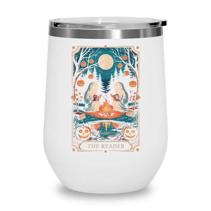 The Reader Bookish Cute Spooky Ghost Reading Book Tarot Card Wine Tumbler