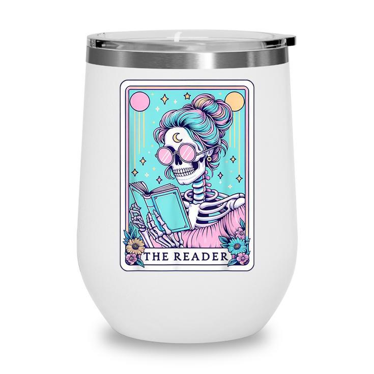 The Reader Retro Reading Skeleton Books Flowers Tarot Card Wine Tumbler