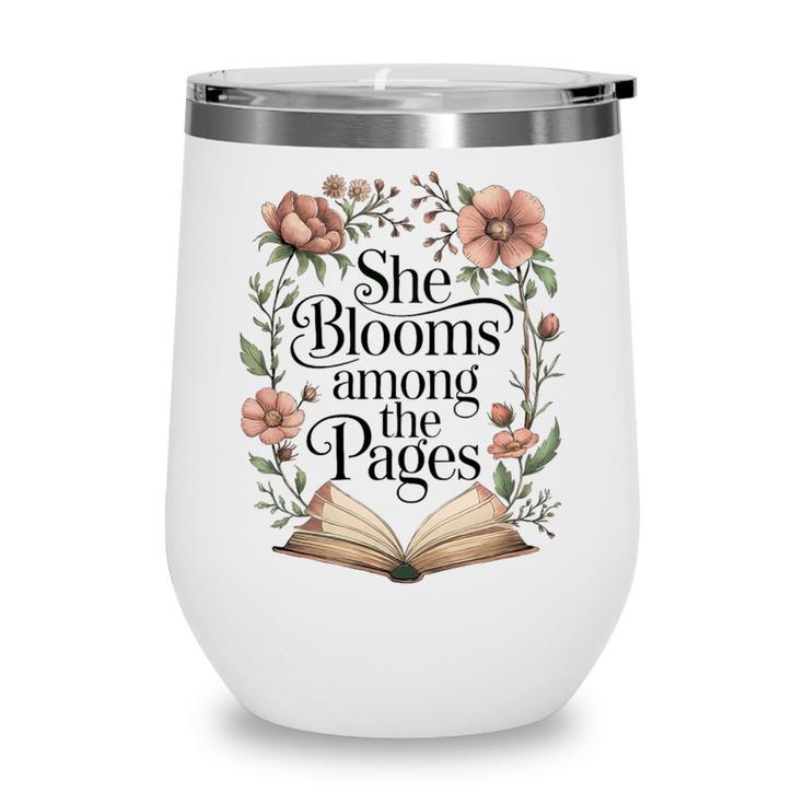 She Blooms Among The Pages Women Mom Wife Floral Book Lover Premium Tri-Blend Wine Tumbler