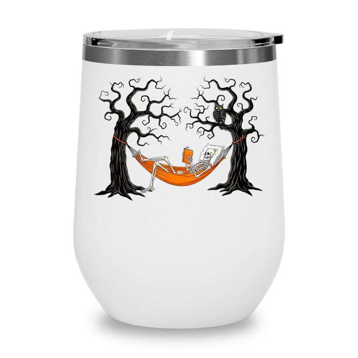 Skeleton Reading Book In Hammock Halloween Reader Wine Tumbler