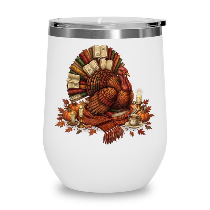 Turkey Reading Books Fall Season Thanksgiving Teacher Book Wine Tumbler