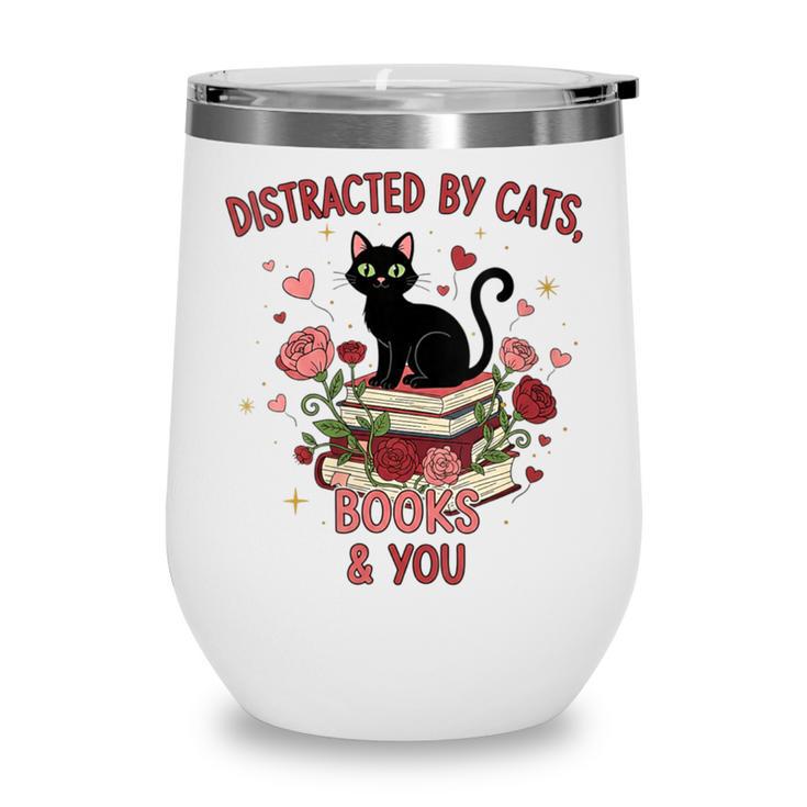 Women's Cat Books Romantic Floral Aesthetic Book Lover Cat Owner Wine Tumbler