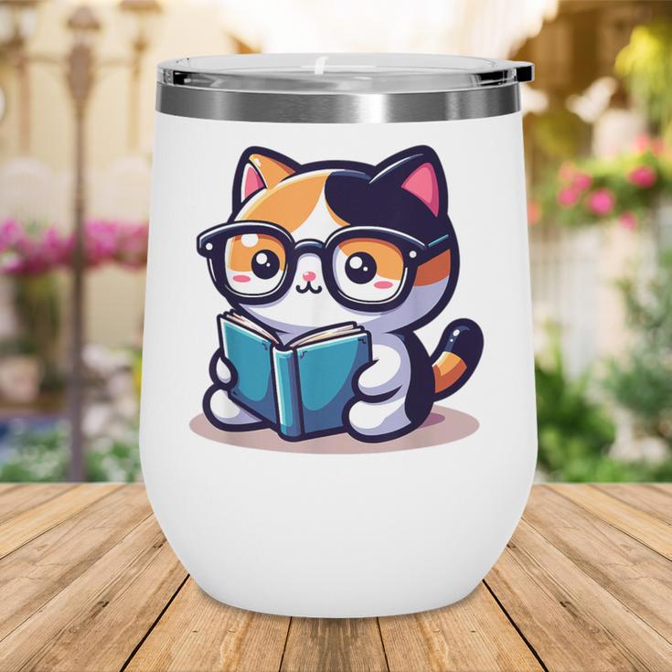 Adorable Book Lover Calico Cat With Reading Glasses Cute For Men Women Kids Wine Tumbler