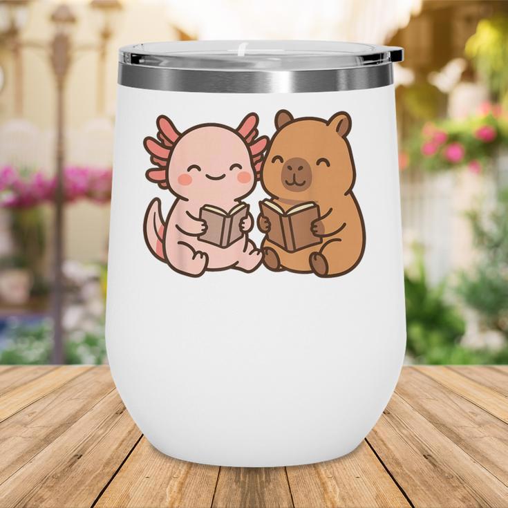 Capybara Axolotl Kawaii Kids Anime Book Lover Reading Wine Tumbler