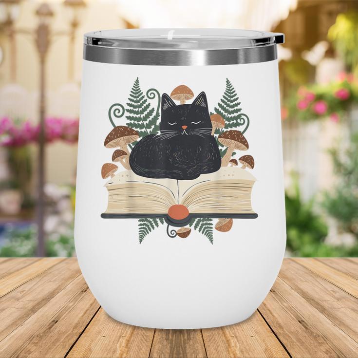Cat On Open Book Mushrooms Ferns Dark Academia Wine Tumbler