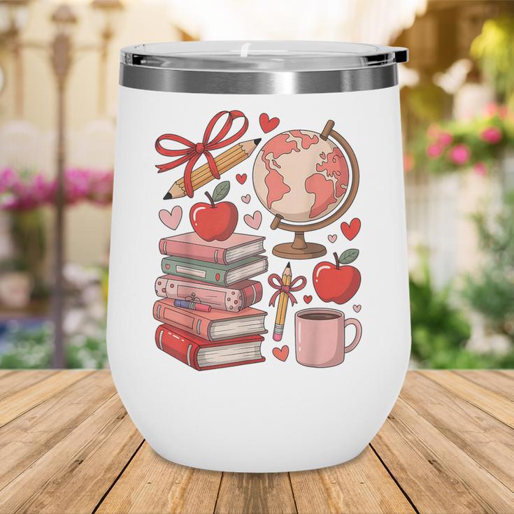 Coquette Teacher School Supplies Bows Books Globe Apple Cute Wine Tumbler
