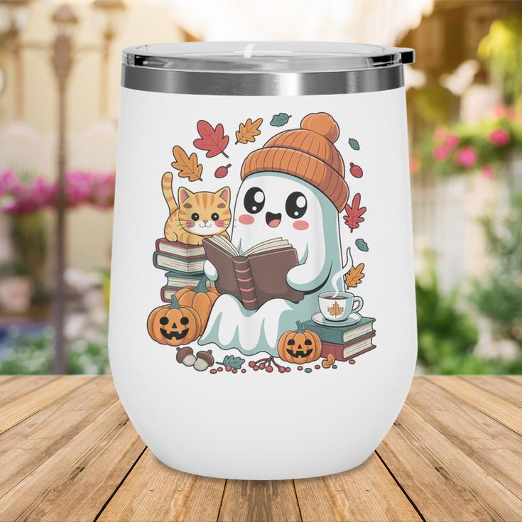 Cute Cozy Ghost Reading With Cat Book Lover Autumn Fall Wine Tumbler
