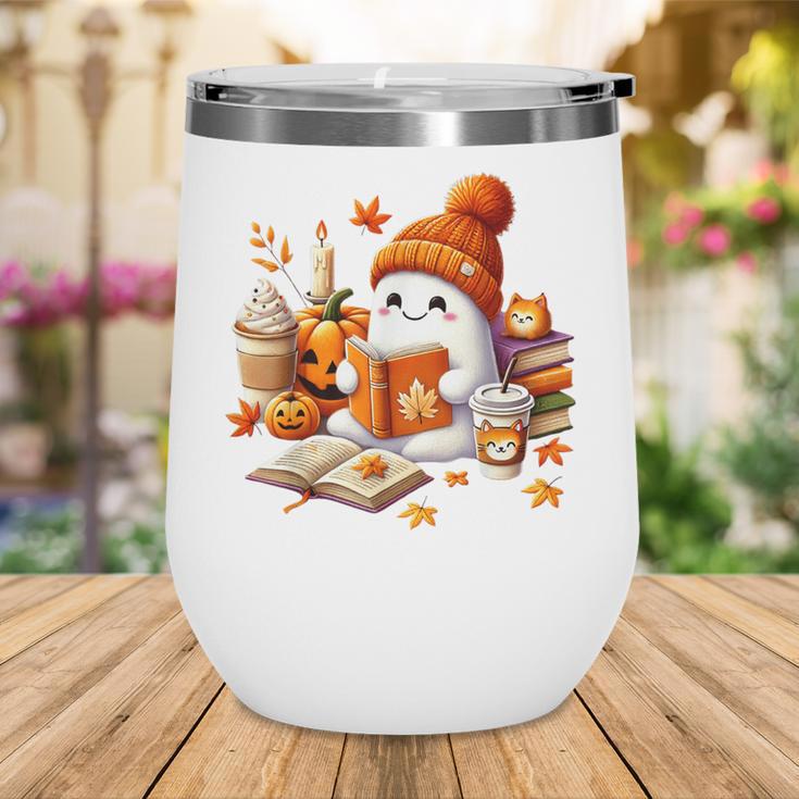 Cute Ghost Reading Book Lovers Halloween Pumpkin Women Girls Wine Tumbler