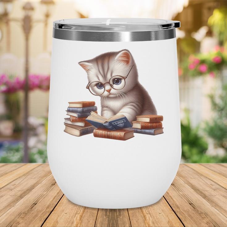 Cute Kitten Bookworm Adorable Cat With Glasses Reading Book Wine Tumbler