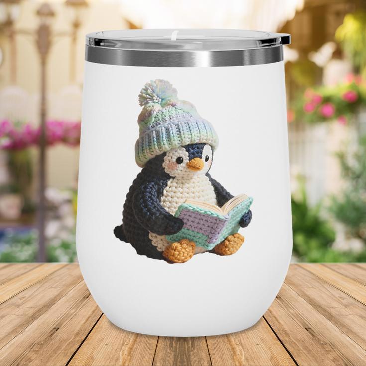 Cute Penguin Reading Book Faux-Crochet Print Wine Tumbler Cute Penguin Reading Book Faux-Crochet Print Wine Tumbler