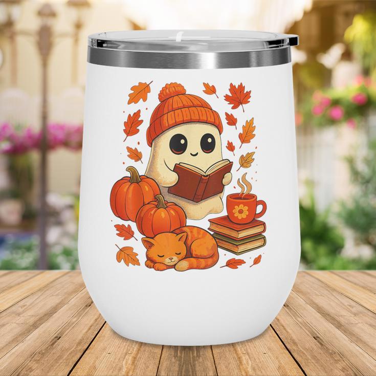 Ghost Reading Book Lovers Autumn Fall Halloween Wine Tumbler