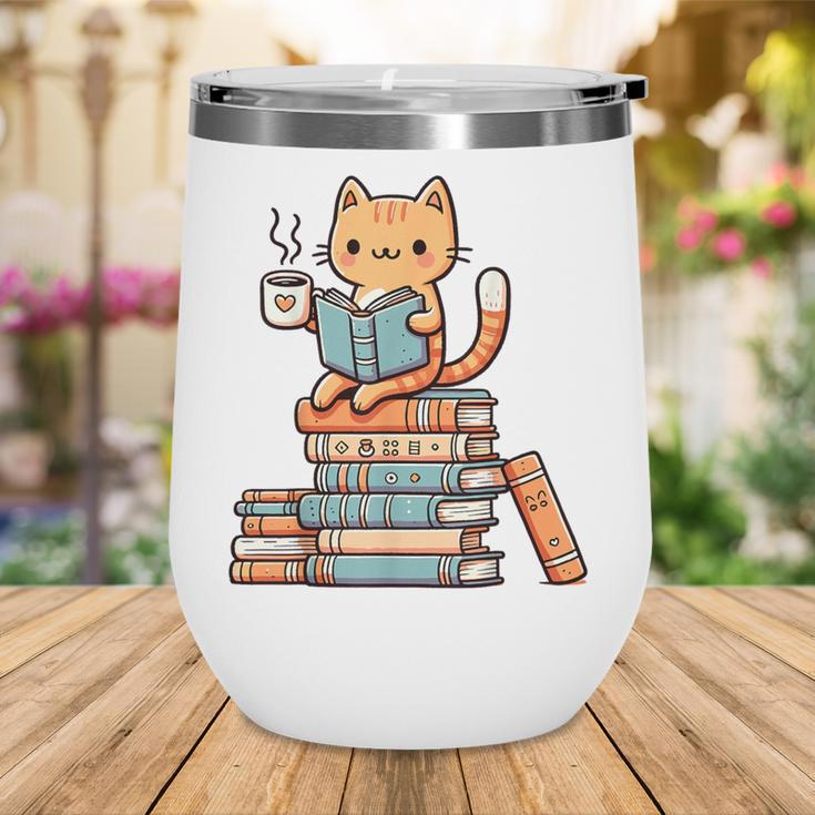 Kawaii Cat Coffee Books Teacher Men Women Girls Kids Wine Tumbler