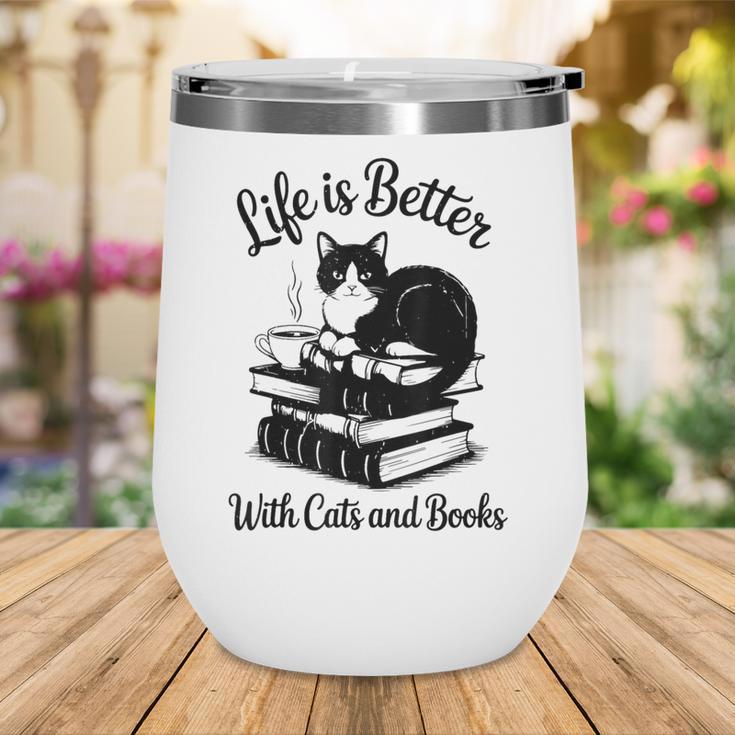 Life Is Better With Cats & Books Tuxedo Cat Mom Women Wine Tumbler
