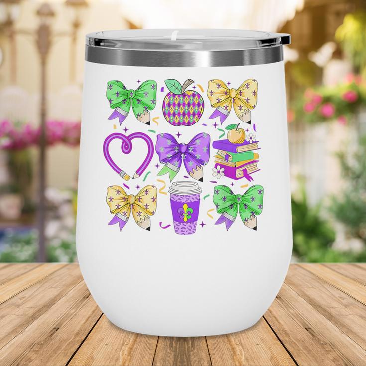 Mardi Gras Teacher Coquette Bow Pencil Apple Book Women Girl Wine Tumbler