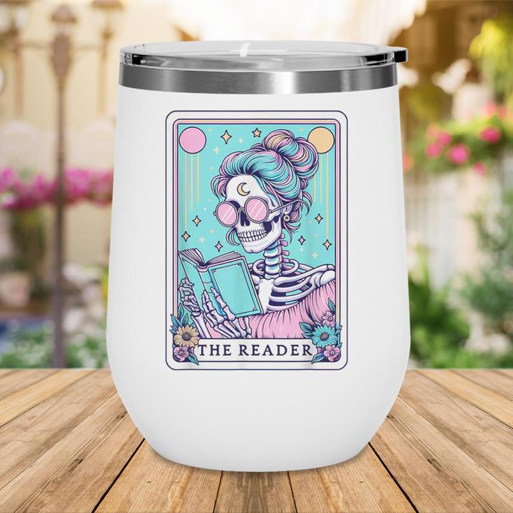 The Reader Retro Reading Skeleton Books Flowers Tarot Card Wine Tumbler