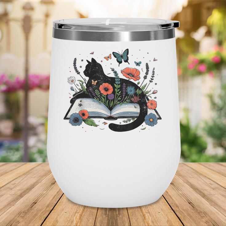 Retro Cute Cat Floral Book Librarian Vintage Floral Cat Book Wine Tumbler