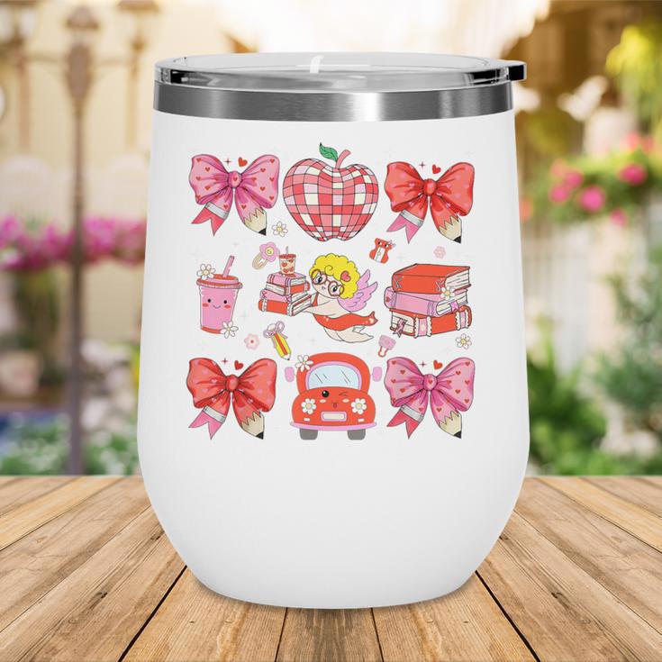 Valentine Cupid Coquette Pink Bow Apple Books Teacher Wine Tumbler