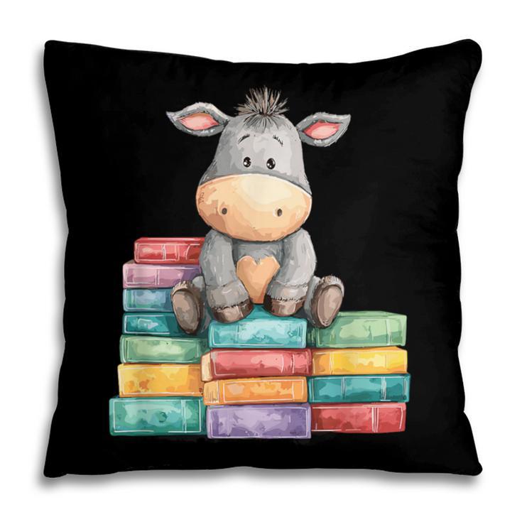 Adorable Donkey With Heart Sitting On Colorful Book Stack Pillowcase