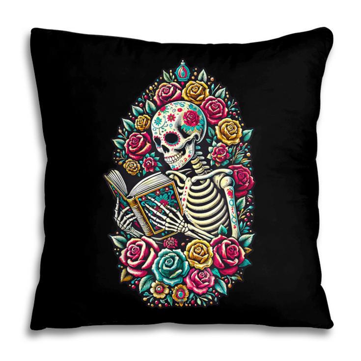 Book Lover Skeleton Reading With Dia De Los Muertos Flowers Pillowcase Book Lover Skeleton Reading With Dia De Los Muertos Flowers Pillowcase