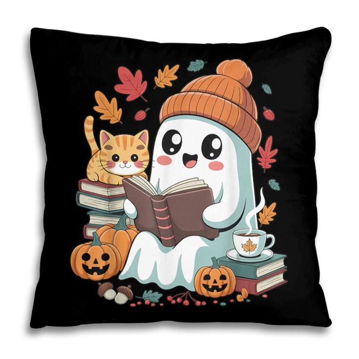 Cute Cozy Ghost Reading With Cat Book Lover Autumn Fall Pillowcase