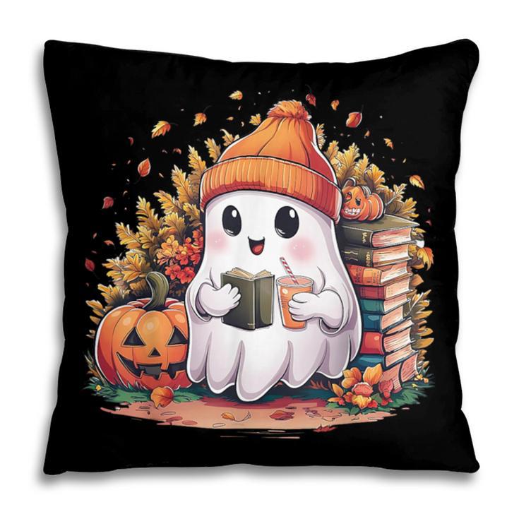 Cute Ghost Drinking Coffee Halloween Reading Book Retro Pillowcase Cute Ghost Drinking Coffee Halloween Reading Book Retro Pillowcase