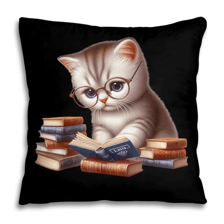 Cute Kitten Bookworm Adorable Cat With Glasses Reading Book Pillowcase