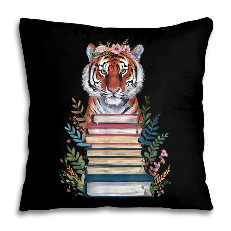 Cute Tiger With Book Floral Bookworm Librarian Book Lover Pillowcase