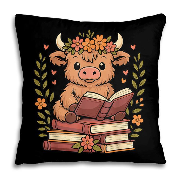 Highland Cow Reading Book Graphic Cow With Book Floral Pillowcase