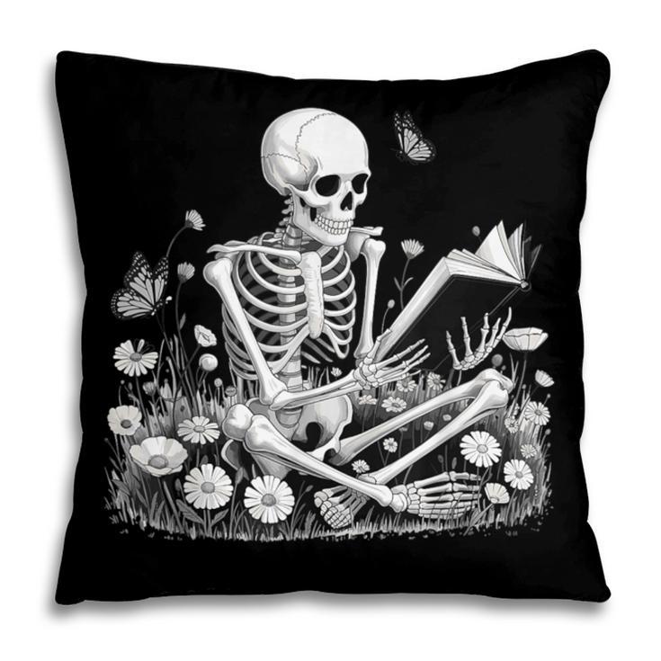 Skeleton Reading Book Floral Dark For Book Lovers Pillowcase