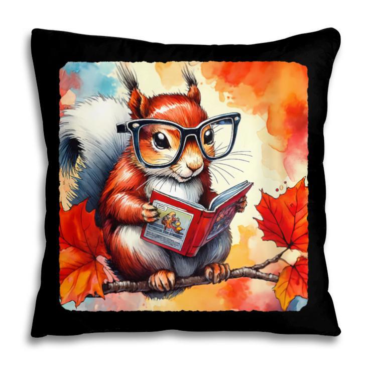 Squirrel Reading Comic Book On Autumn Branch Glasses Leaves Pillowcase