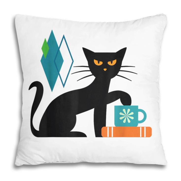 Cat Midcentury With Book And Coffee Atomic Age Mid Century Pillowcase
