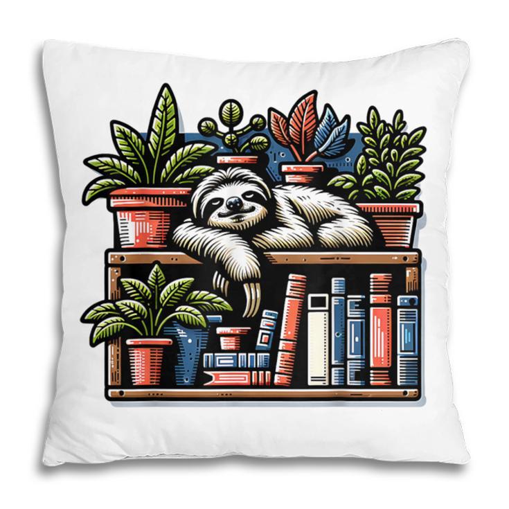 Cosy Sloth In Bookshelf With Plants Pillowcase