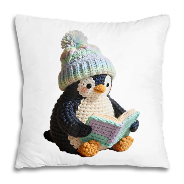 Cute Penguin Reading Book Faux-Crochet Print Pillowcase