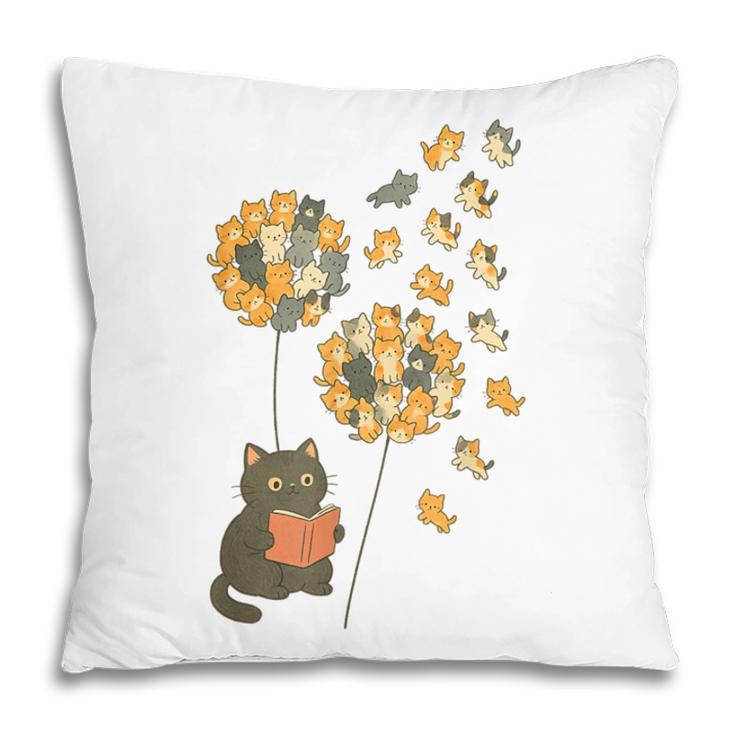 Cute Reading Cat With Kitten Dandelion Flowers Book Lover Pillowcase