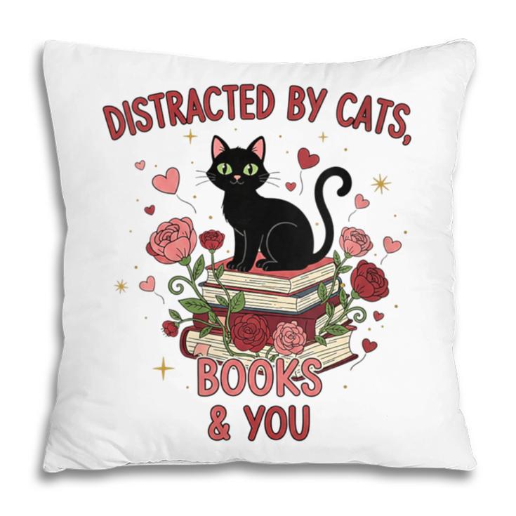 Women's Cat Books Romantic Floral Aesthetic Book Lover Cat Owner Pillowcase
