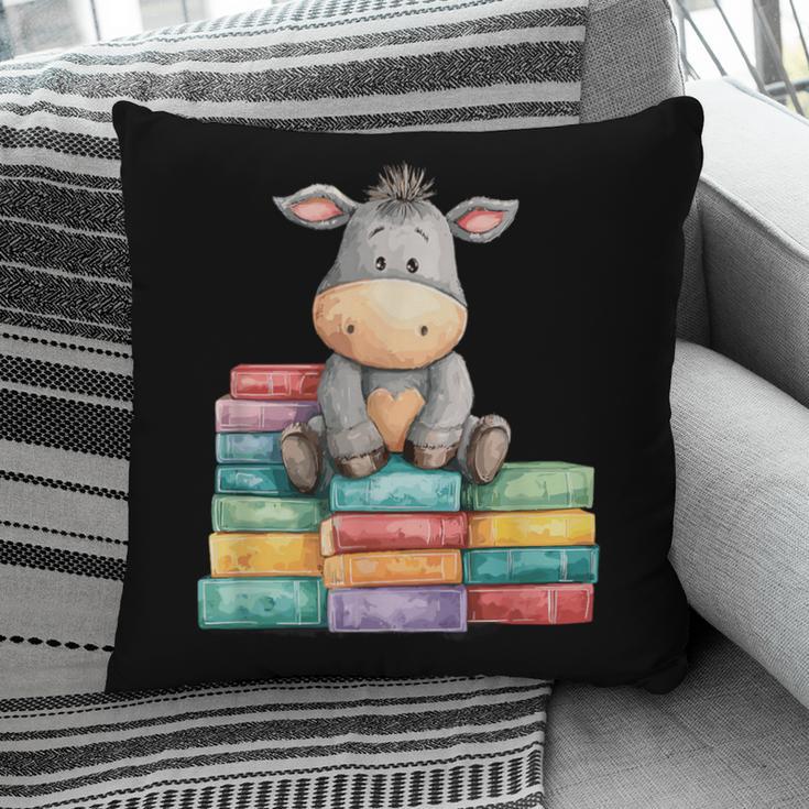 Adorable Donkey With Heart Sitting On Colorful Book Stack Pillowcase