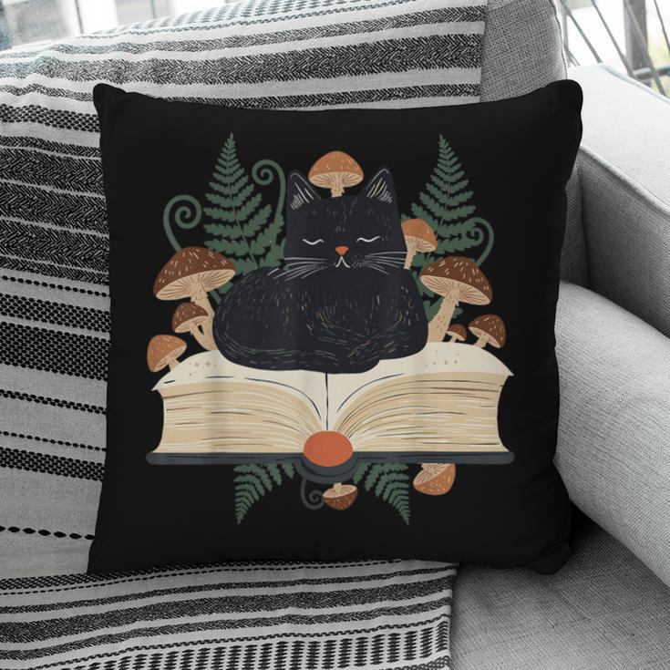 Cat On Open Book Mushrooms Ferns Dark Academia Pillowcase