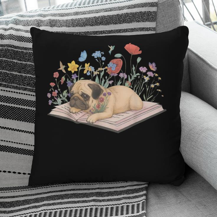 Color Floral Cute Pug Dog On Book Reading Bookworm Reader Pillowcase