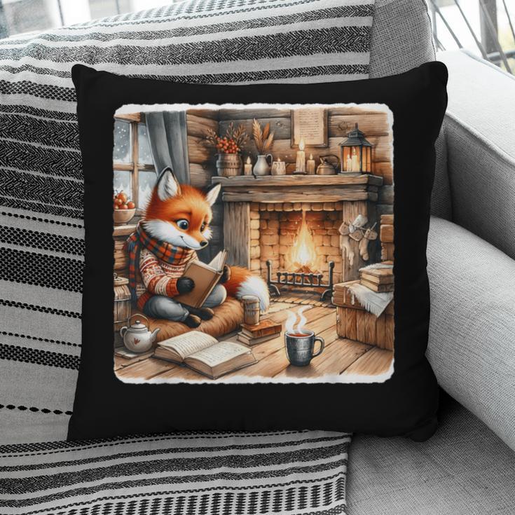 Fox Reads By Fireplace In Cabin Rustic Book Cozy Cup Tea Pillowcase