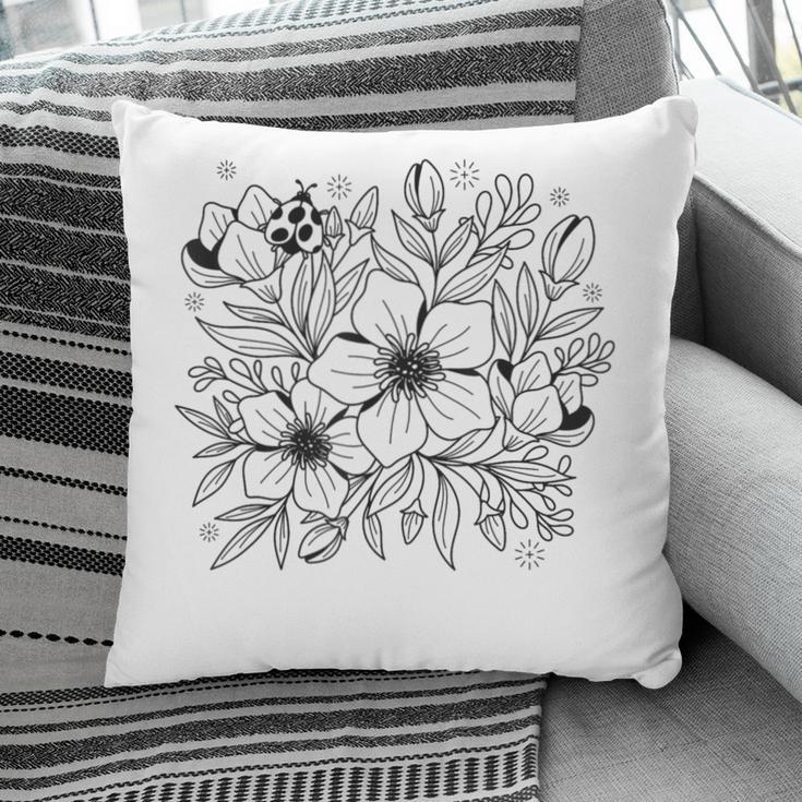 Adult Coloring Book Style Flowers And Ladybug Self Coloring Pillowcase